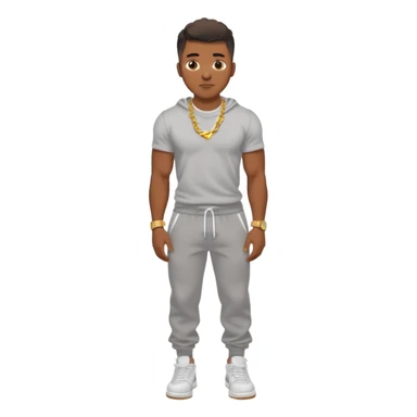 Handsome Black guy with brown skin tone, with muscular build, wearing gray sweatpants, a white t-shirt, white Air Force Ones sneakers, a small gold rope chain, and a gold watch  sticker