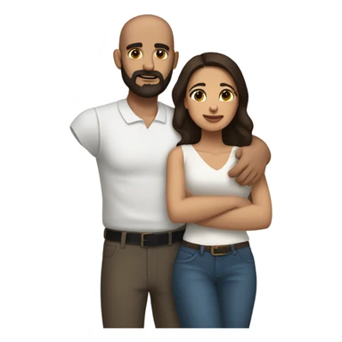 Comforting hug from brunette Puerto Rican with dark brown eyes to short, bald man with brown eyes and a beard sticker