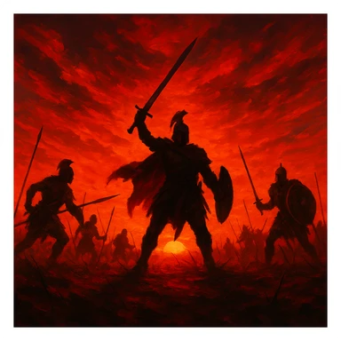 red battlefield, silhouettes of warriors, sunset sticker
