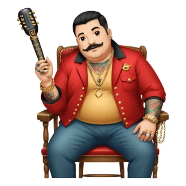 Icon for Chanson: Old fat chanson singer with tattoos and short moustache, red jacket, gold chains and braslettes, sitting on a chair with an acoustic guitar and standing microphone. The atmosphere should reflect a nostalgic, soulful vibe with vintage elements. Transparent background. sticker