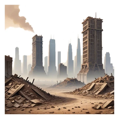 A desolate, abandoned Earth covered in thick layers of dust and smog. Skyscrapers made of compacted garbage towers rise among the ruins of a once-thriving city. The sky is a murky brown, with no signs of life, only the remnants of human civilization buried beneath waste. sticker