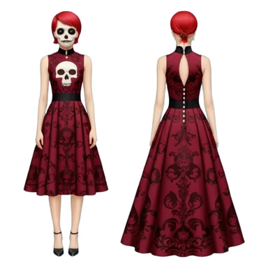 No human figures, Women's Skull Print Evening Dress in Oxblood, sleeveless evening dress featuring an all-over fiery red Skull print. High neck with button fastening, isolated, rendering sticker