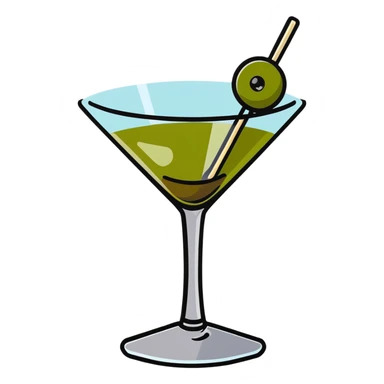 martini glass with crystal clear transparent liquid and an olive at the bottom skewered by a toothpick sticker