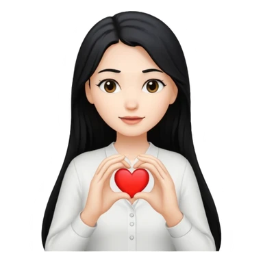 Mujer blanca cabello largo  negro haciendo un corazon con sus manos y tenga una camisa blanca sticker