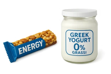 BARRETTA ENERGETICA E BARATTOLO DI YOGURT GRECO CON  LA SCRITTA "0% grassi" SULL'ETICHETTA  , ISOLATA SU SFONDO BIANCO sticker