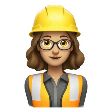 Caucasian woman with brown hair wearing a safety helmet, yellow safety vest, safety glasses and earplugs sticker