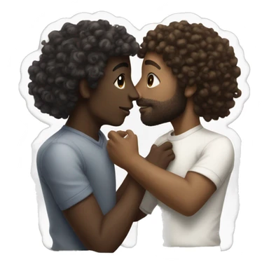 Dark skinned guy curly hair kissing a white guy with silky hair sticker