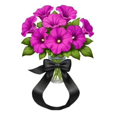 A lush bouquet of bright light margenta color petunia black satin ribbon, resting on an antique wooden table, with a pale yellow and pink plaid pattern table cloth sticker