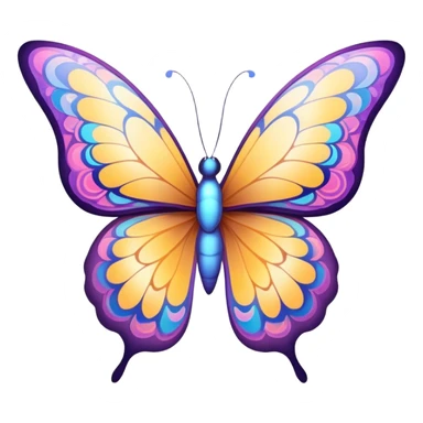 Cinematic Elegant Butterfly Portrait Emoji, Poised and ethereal, with delicate, intricately patterned wings in a kaleidoscope of soft, vibrant colors, a slender, graceful body, and gentle, observant eyes, Simplified yet exquisitely delicate features, highly detailed, glowing with a soft, radiant luminescence, high shine, intelligent and enchanting, stylized with an air of whimsical floral elegance, focused and poised, soft glowing outline, capturing the essence of a watchful butterfly that appears ready to flutter out of the screen with magical grace! sticker