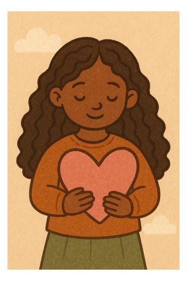 A cute black girl with long curly hair holding a pink heart, warm and friendly style, soft warm colors, inviting and gentle expression sticker