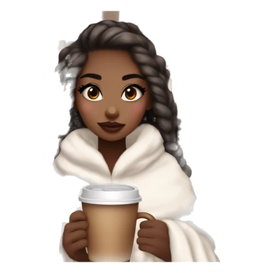 Cute girl with makeup and big giant fake eyelashes with a cozy aesthetic white and brown plaid blanket and hot coca sticker