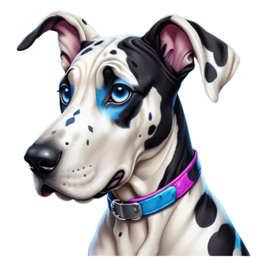 Cinematic Comical Harlequin Great Dane Portrait Emoji, Head tilted dramatically with an exaggeratedly shocked or amused expression, featuring a striking coat of predominantly white with vivid black patches, wide, expressive blue eyes filled with playful disbelief, Simplified yet hilariously expressive features, highly detailed, glowing with a slightly sassy glow, high shine, dramatic yet playful, stylized with an air of cheeky charm, bright and endearing, soft glowing outline, capturing the essence of a spirited and over-the-top guardian, so meme-worthy it feels like it could side-eye its way into internet fame instantly! sticker