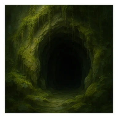 a mysterious cave entrance, natural rock, dark opening, moss and vines, fantasy style sticker