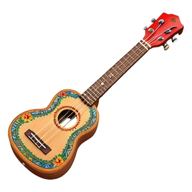 Create a vibrant and artistic emoji representing a ukulele with a Mexican design. The ukulele should feature a bright, colorful body with traditional Mexican patterns, such as geometric shapes, floral motifs, or colorful stripes. Use rich, warm tones like red, yellow, green, and blue to give the instrument a lively, festive look. Highlight the wood grain of the ukulele’s neck and fingerboard, and add subtle details like decorative inlays or a small Mexican flag symbol on the body. The strings should be clearly visible, and the instrument should be in a slightly angled position to showcase its unique design. The background should be transparent. sticker