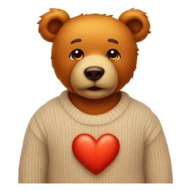 Orange eyes teddy bear wearing a beige sweater with a red heart in the middle sticker