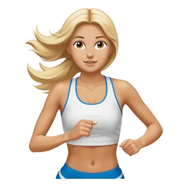 Mujer color de piel moreno, con cabello rubio largo, lacio y suelto, bonita, nariz respingada, corriendo con ropa deportiva color blanco  sticker