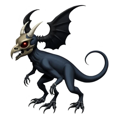 Shiny Dark Edgy  Duskull-Salandit-Inteleon-Amaura-Fakémon-hybrid-creature (full body) with a horned bird-skull-mask sticker