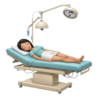 A black-haired woman in her 50s lying on an examination bed with eyes closed, shown in a wide, full-body shot in a clean colonoscopy procedure room. Only the patient is visible. sticker