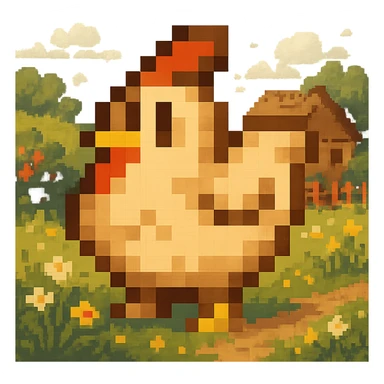 Using a transparent background, re-imagine this pixelated chicken in a cottage core setting sticker