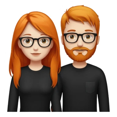 girl with long orange hair wearing no glasses and all black clothes and holding hands with boy with black hair and beard and glasses and pale skin sticker