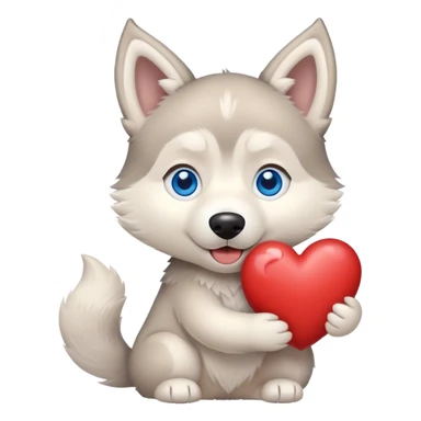 Beige husky with blue eyes holding a big heart sticker