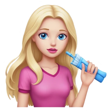 A cinematic realistic blonde with long hair, blue eyes and pink lips cleans a room sticker