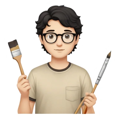 Young caucasian man with black wavy hair, round glasses, beige painting shirt, holding a square paintbrush sticker