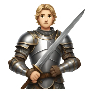 With gray eyes, with gray eyes, A young man with light brown hair and gray eyes, in knightly armor, fantasy, looks seriously, holds a sword in his hands sticker