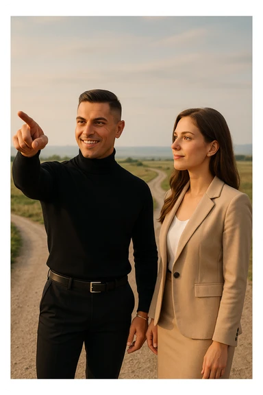 Editorial photo of a confident man standing at a crossroads, pointing decisively toward a clear path ahead. Beside him, a woman looks at him with trust and readiness to follow. Both are well-dressed, the setting is an open landscape with soft, natural light. The mood is one of leadership, guidance, and partnership. sticker