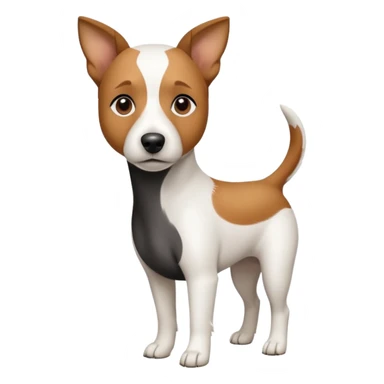 a full body white jack russel looking dog the size of a kelpie with light brown ears and a light brown patch on one eye and a large snout sticker