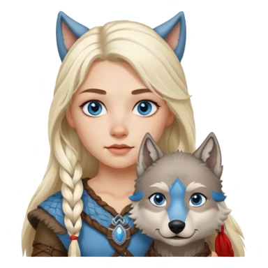 Viking platinum blonde girl with long hair, forelocks and blue eyes. Wolf pet sticker