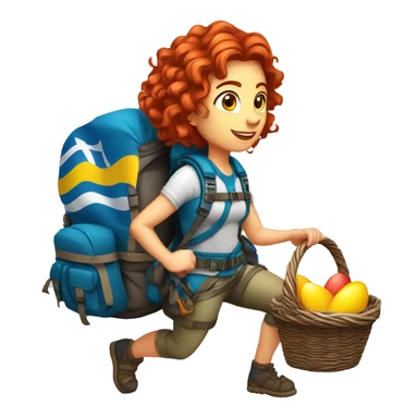 Female winter mountain climber red wavy hair climbing with Greek flag on backpack and holding Easter eggs basket sticker