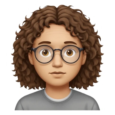 Slim, slightly oval face, light skin.
Medium-length brown wavy/curly hair, slightly messy.
Brown eyes, round eyeglasses.
Soft, calm expression.
No beard or very light stubble.
Minimal, high-quality style, not cartoonish.
Neutral background, soft lighting. sticker