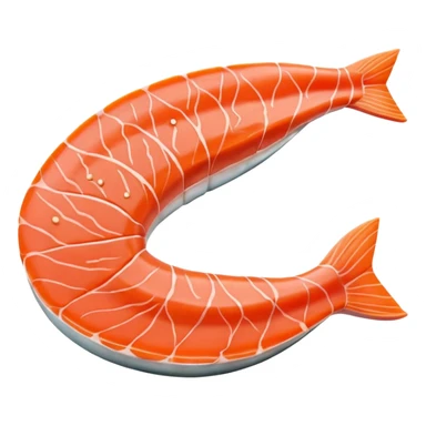 raw salmon fillet, boneless, orange-pink, clean muscle lines, tapered, curved, moist smooth texture, fine fat layer, no skin, no lemon, no faces, clean 3D, soft shadows, transparent background, emoji scale sticker