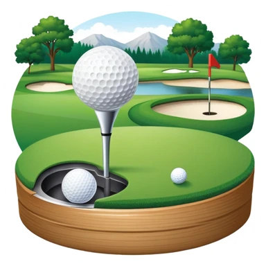 A golf ball on a tee with a golf club placed beside it, set against the backdrop of a well-manicured green golf course. The scene emphasizes the equipment and serene atmosphere of the sport, with soft lighting and a peaceful, open landscape sticker