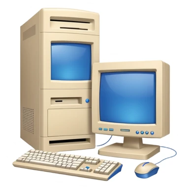 Early 2000s desktop computer, beige plastic casing, CRT monitor with blue screen, tower CPU with CD drive, separate wired keyboard and mouse, simple tech setup sticker