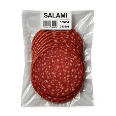 pre-sliced salami in clear vacuum-sealed plastic packaging with visible label, top-down view, clean background sticker