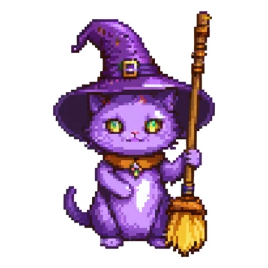 purple witch cat with a broom sticker