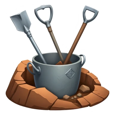 An icon featuring a shovel, pickaxe, and an ancient artifact like a broken pot, symbolizing the essentials of archaeology. The design focuses on the tools of excavation and discovery, recognizable look. Transparent background. sticker