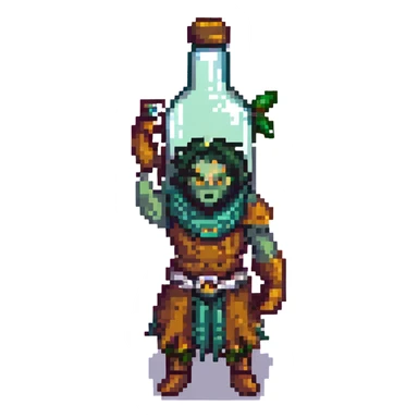 Final Fantasy spriggan holding a bottle of Fantasia, detailed and cute pixel art style sticker