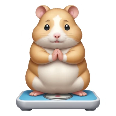 Cute chubby cartoon-style hamster standing on a bathroom scale, looking nervous with praying hands. Painterly shading, closed eyes, white background, sticker-style illustration sticker