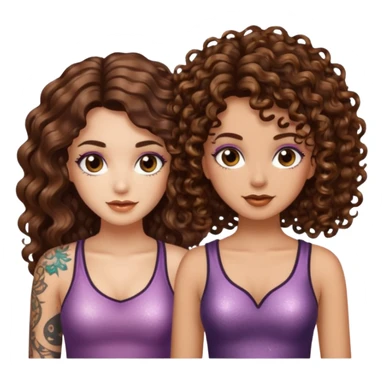 glitter blast — long wavy brown hair tattooed woman and short tight curly brown hair woman — sparkle covered sticker
