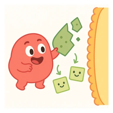 Ultra-detailed emoji-style illustration of enzyme digestion: Red amylase breaking green starch into sugars near a yellow cell membrane. Clean white background, no text. Scientific but simple sticker