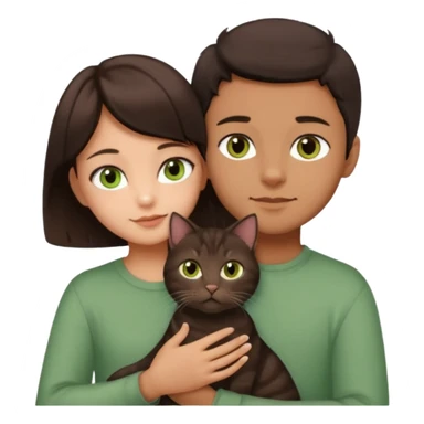 Crea un emoji donde salga un chico de pelo moreno con los ojos claros, una chica de pelo morena con los ojos marrones y UN gato europeo comun de pelaje marron oscuro y ojos verde claro, quiero que se esten abrazando el chico y la chica, y el gato este en el medio de los dos sticker
