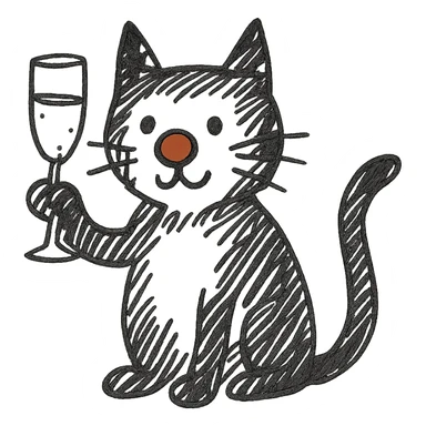 black cat with a red clown nose and a champagne glass, hand-drawn and quirky sticker