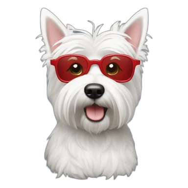 Hombre pelo de punta y gafas rojas con un perro westie sticker