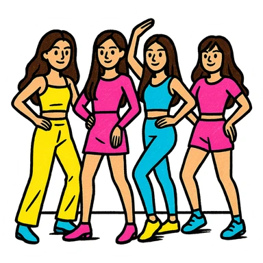 beautiful skinny women with long dark brown hair, kpop girl group at dance practice, sleek outfits, synchronized dance, studio setting, pop colors style sticker