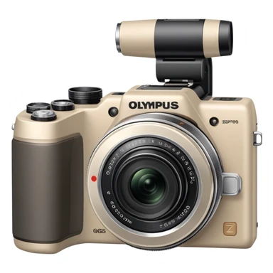 Hyper-simplified Olympus Superzoom 70G camera, grayish-beige color, flat design with only the most essential single feature indicated sticker