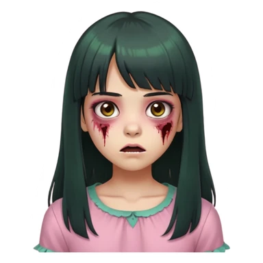 memoji iphone, garota zombie, pele esverdeada acinzentada, boca fechada, garota adolescente, cabelo preto longo, franja, olhos castanhos, blusa rosa  sticker