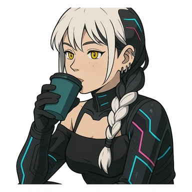  she is sipping a delicious tea drink, a closeup portrait of young woman with gold yellow eyes, white hair, long braid, black off-shoulder top d-cup, punk gothic style, futuristic cyberwave cyberpunk, sitting position
 sticker